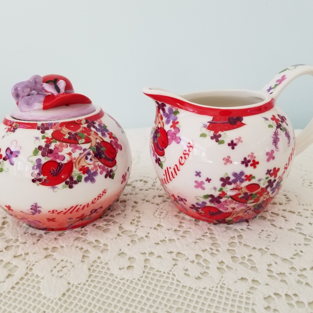 Red Hat Society Paul Cardew Pink Chintz 2004 Porcelain Creamer And Sugar Bowl